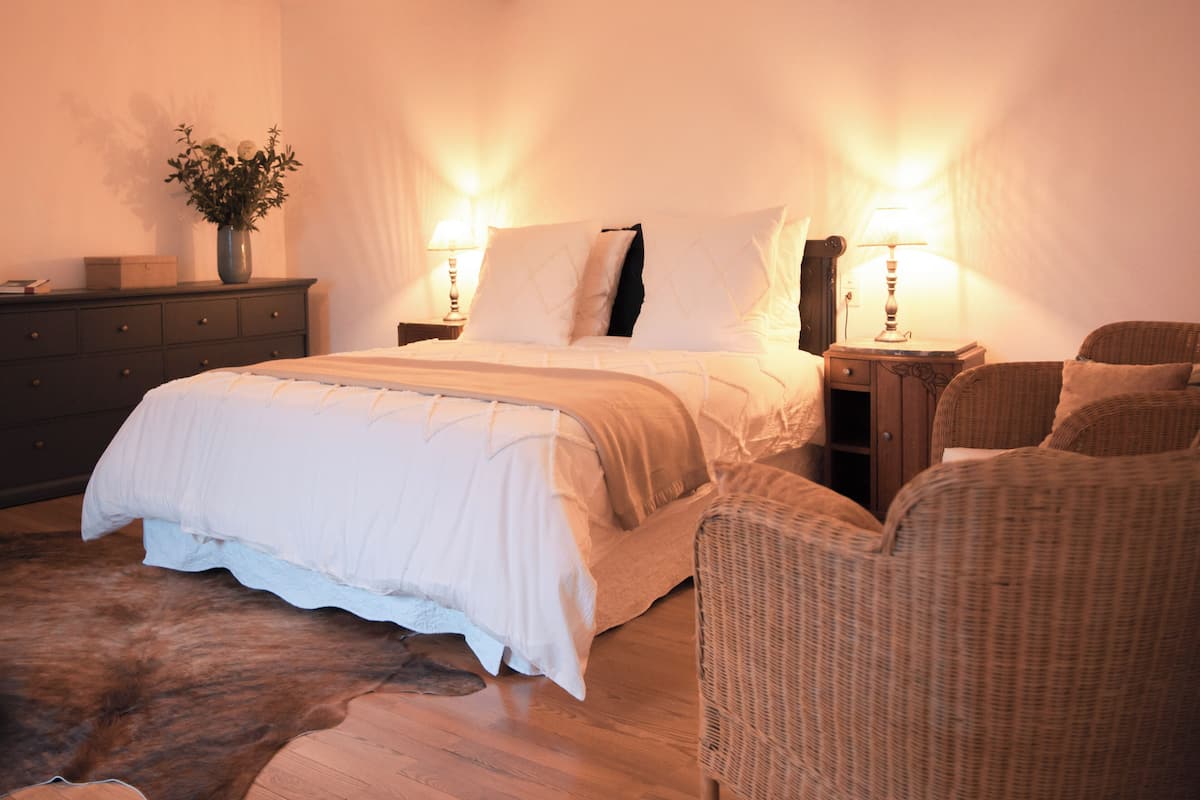 A bedroom with a bed, two bedside tables with lamps, a dresser, a wicker chair, and a cowhide rug.