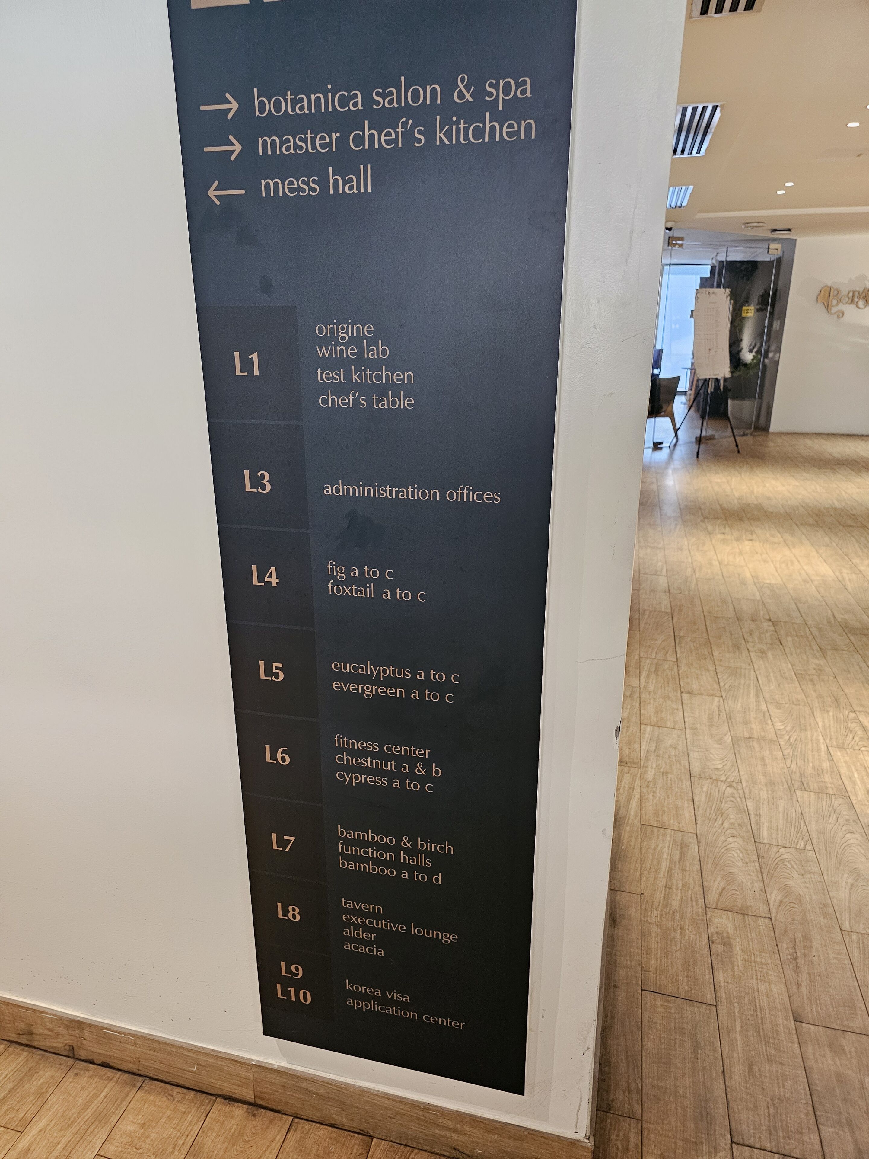 A directional sign with room names and numbers, indicating the layout of a building.
