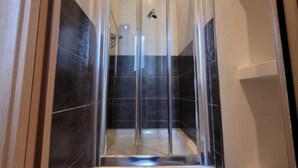 A glass-enclosed shower stall with dark tiles and a visible showerhead.