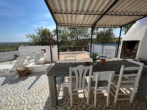 A covered outdoor seating area with a table and chairs, a potted plant, and a view of the landscape.