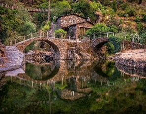 Un puente de piedra sobre un río tranquilo, una casa de piedra rústica y abundante vegetación.