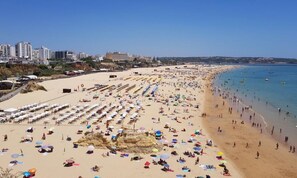 A beach with rows of sunbeds and umbrellas, a sandy shore, and a clear blue sea.