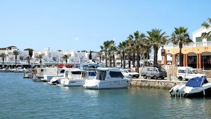 Un port de plaisance avec des bateaux amarrés, un mur de pierre et des palmiers.