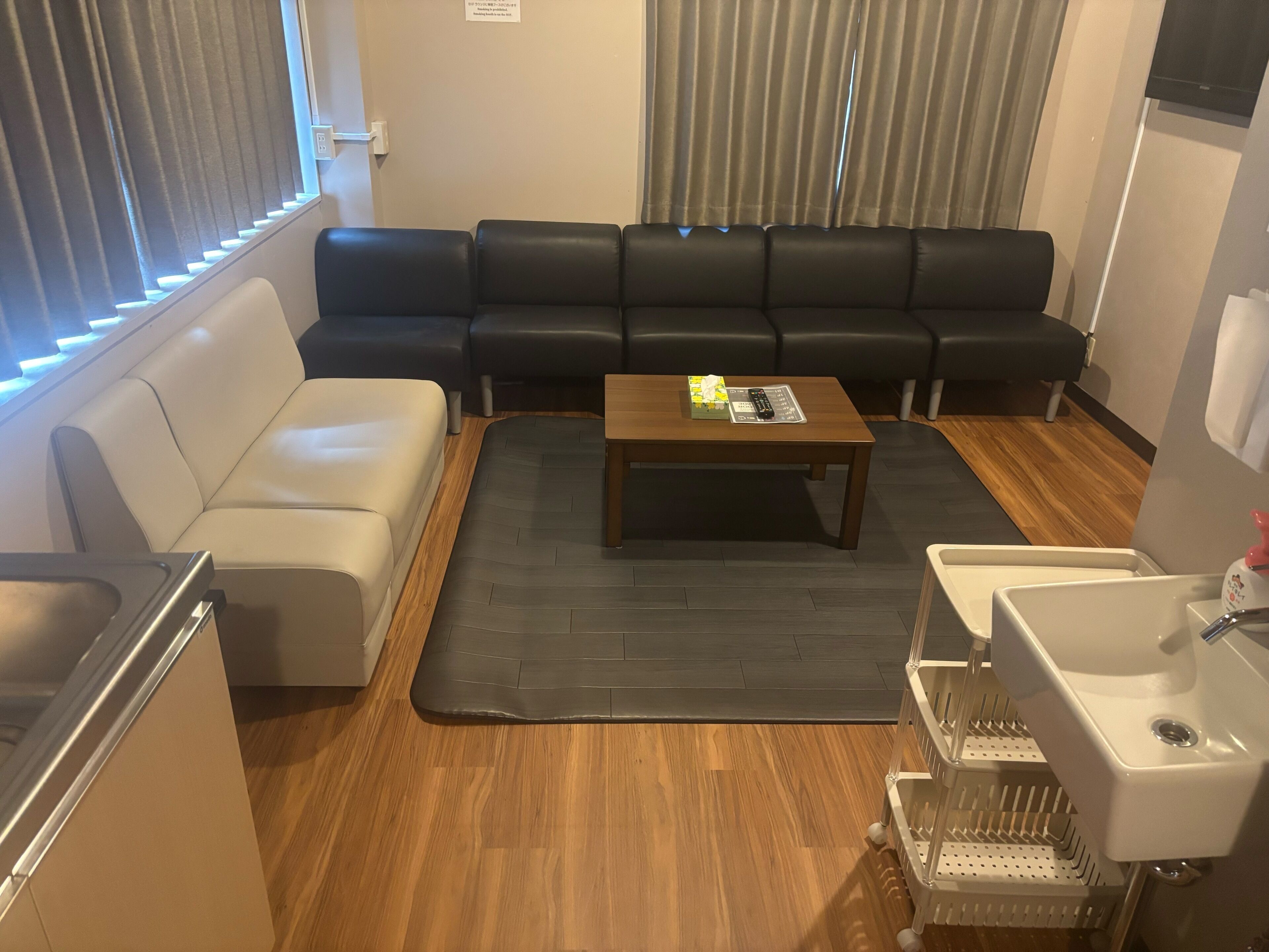 Ein modernes Wohnzimmer mit einer Couch, einem Couchtisch, einem Spülbecken und einer kleinen Küchenzeile.