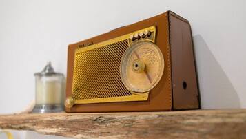 Une vieille radio posée sur une étagère en bois.