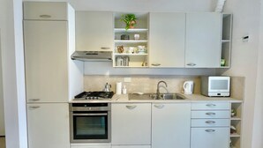 Une cuisine compacte équipée d’une cuisinière à gaz, d’un four et d’un micro-ondes encastré. On y trouve des placards blancs, un évier et une petite étagère avec une plante.