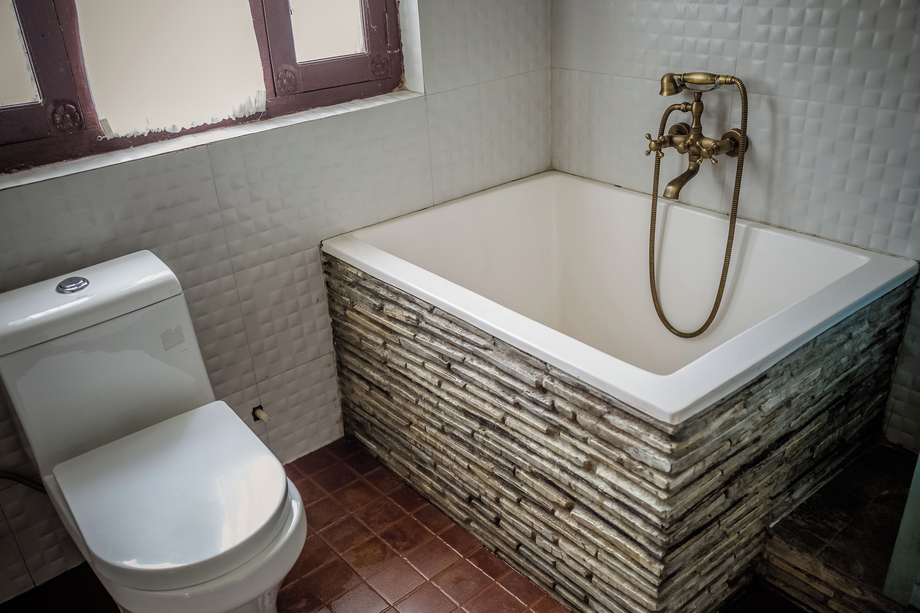 Shower, slippers, towels, soap