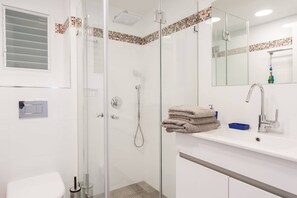Shower, hair dryer, towels