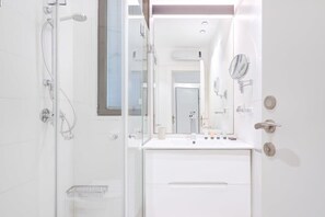 Shower, hair dryer, towels, toilet paper
