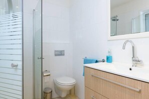 Douche, sèche-cheveux, serviettes fournies, papier toilette