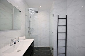 Shower, hair dryer, towels