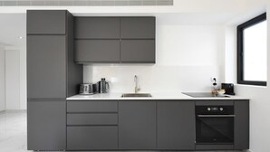 A modern kitchen with grey cabinetry, a stainless steel sink, and a built-in oven. - Outer Space at Hayarkon by HolyGuest (Tel Aviv-Yafo)