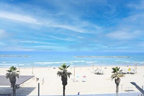 A beach view with palm trees, a sandy shore, and a pier in the distance.
