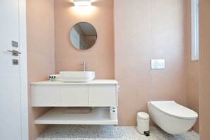 Shower, hair dryer, towels, toilet paper