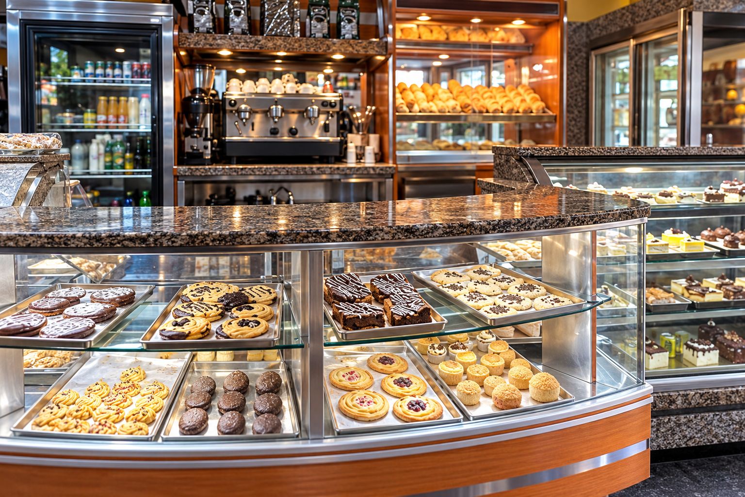 A bakery display case with various baked goods.