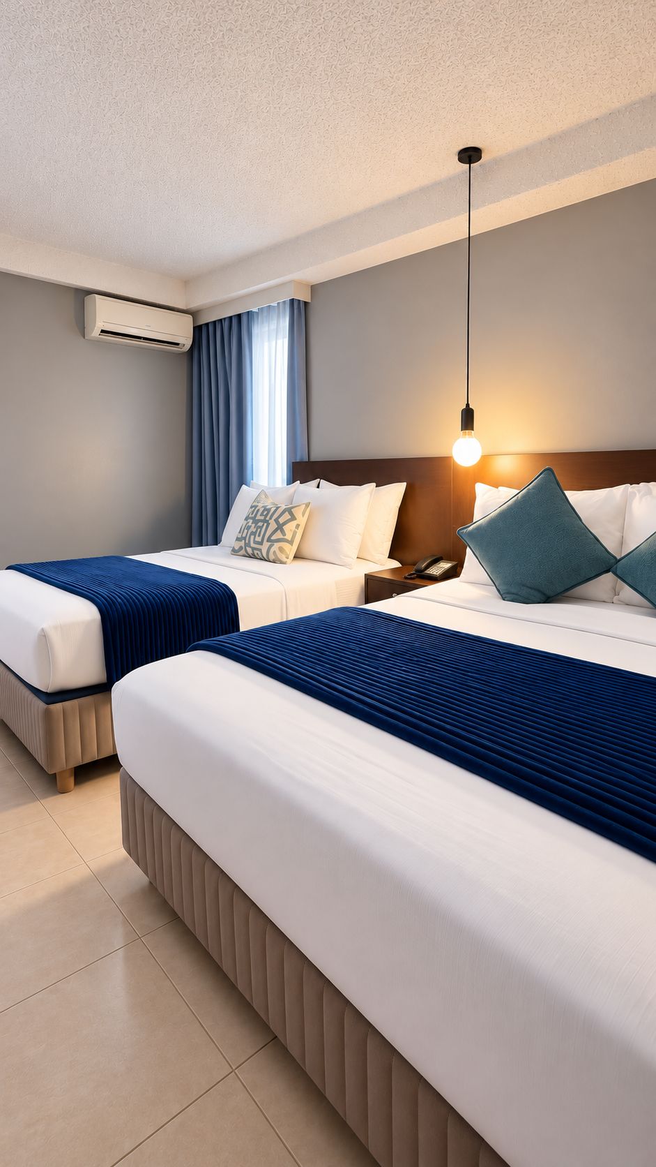 A hotel room with two beds, a bedside table with a phone, and a hanging light fixture.