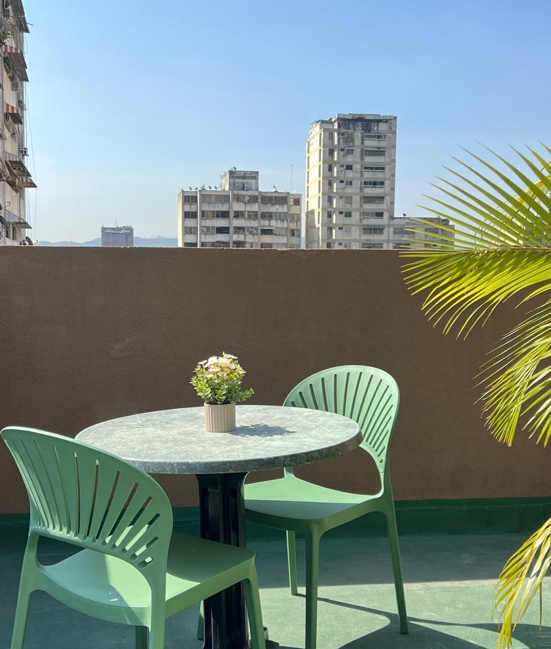 A round table with chairs, a potted plant, and a view of buildings in the background.
