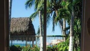 Vista a través de un ventanal con estructura de techo de paja, palmeras y un área cercada.