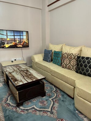 Leilighet – elite | Oppholdsområde | En 24-tommers smart-TV med digitale kanaler