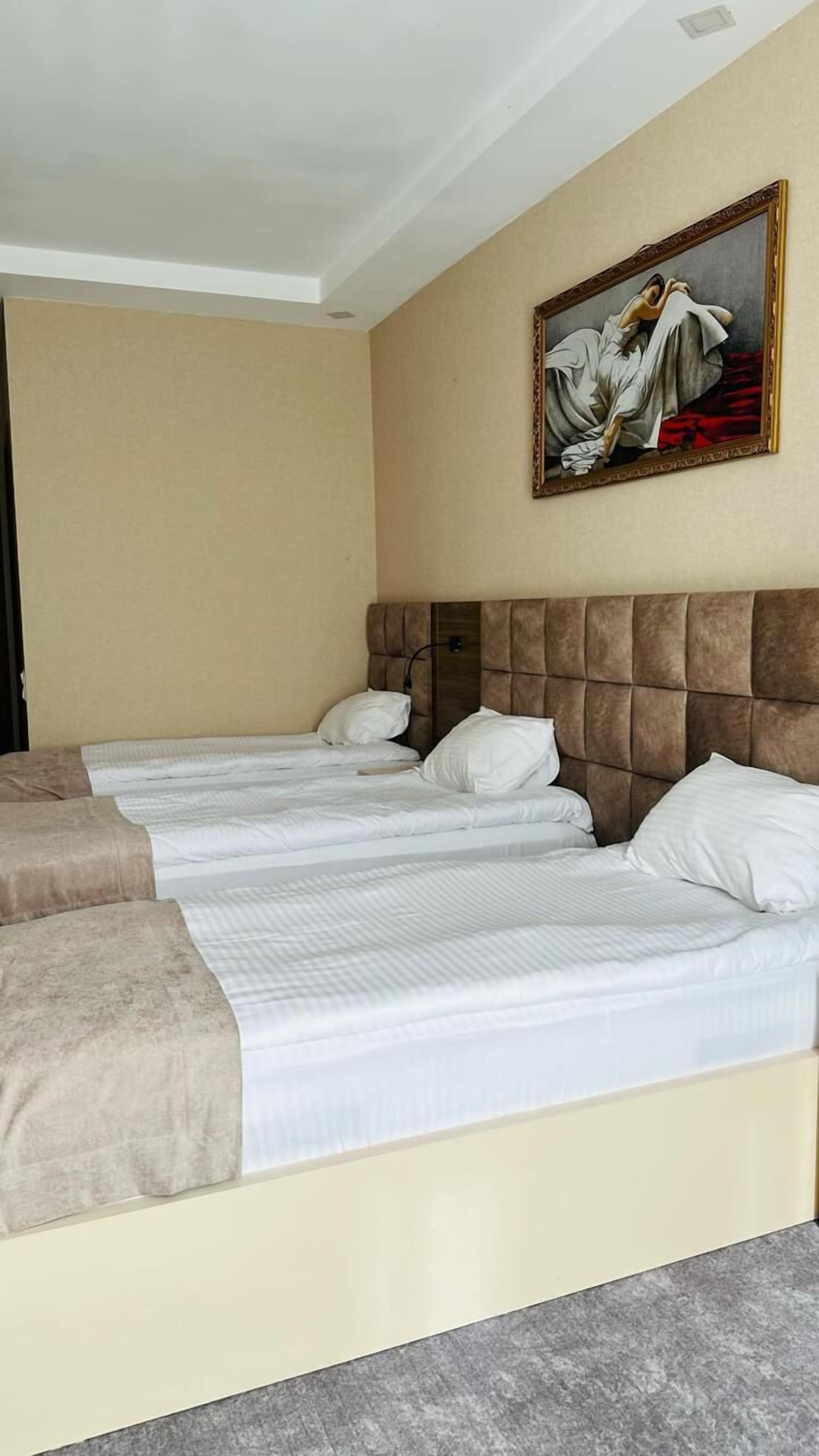 Habitació d'hotel amb un llit gran, un capçal i un quadre a la paret.