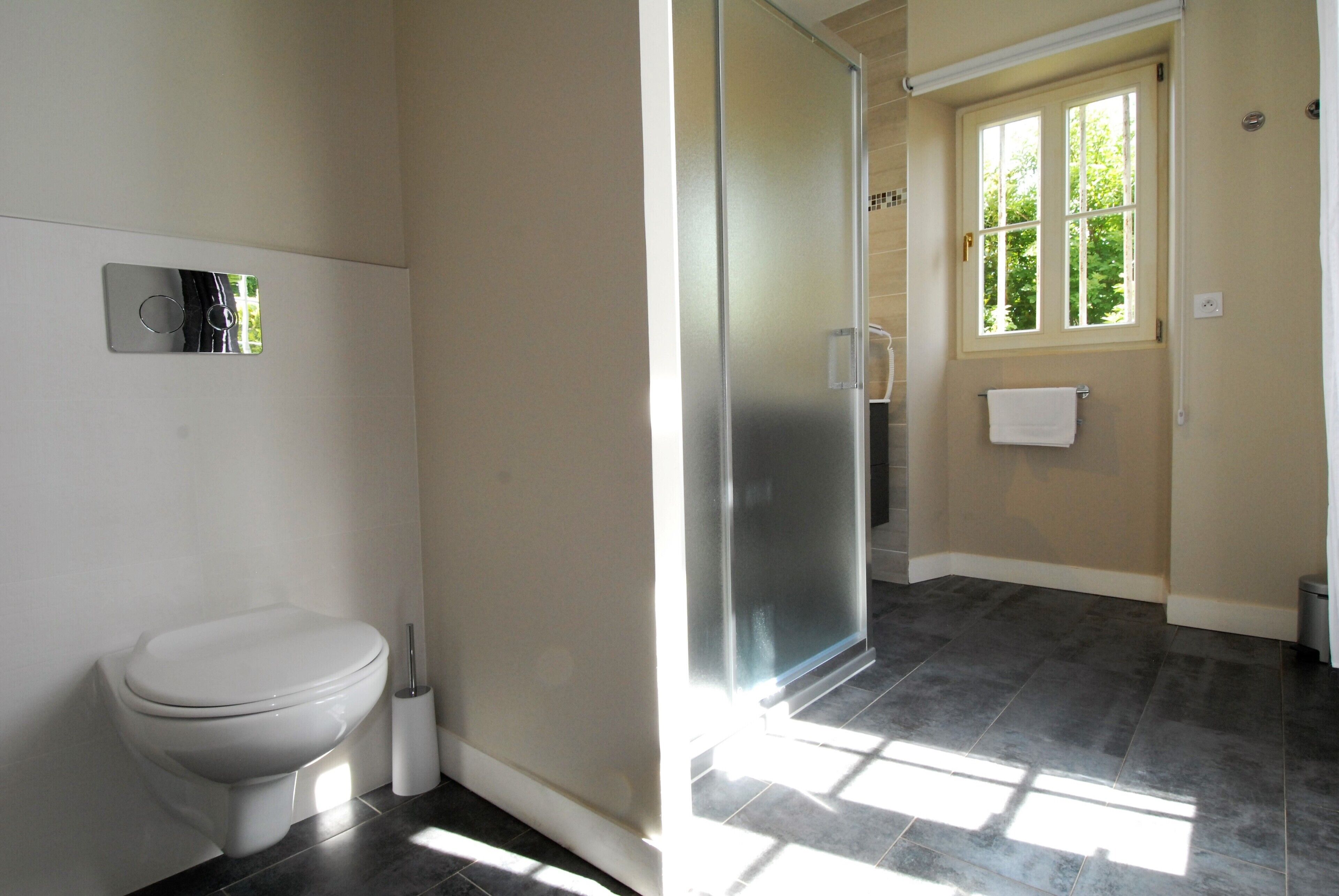 A modern bathroom with a toilet, a glass shower enclosure, and a window providing natural light.