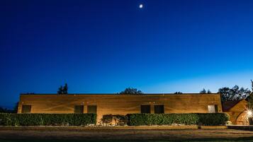 A modern building with a wooden facade, a well-maintained hedge, and a clear night sky with a visible moon.