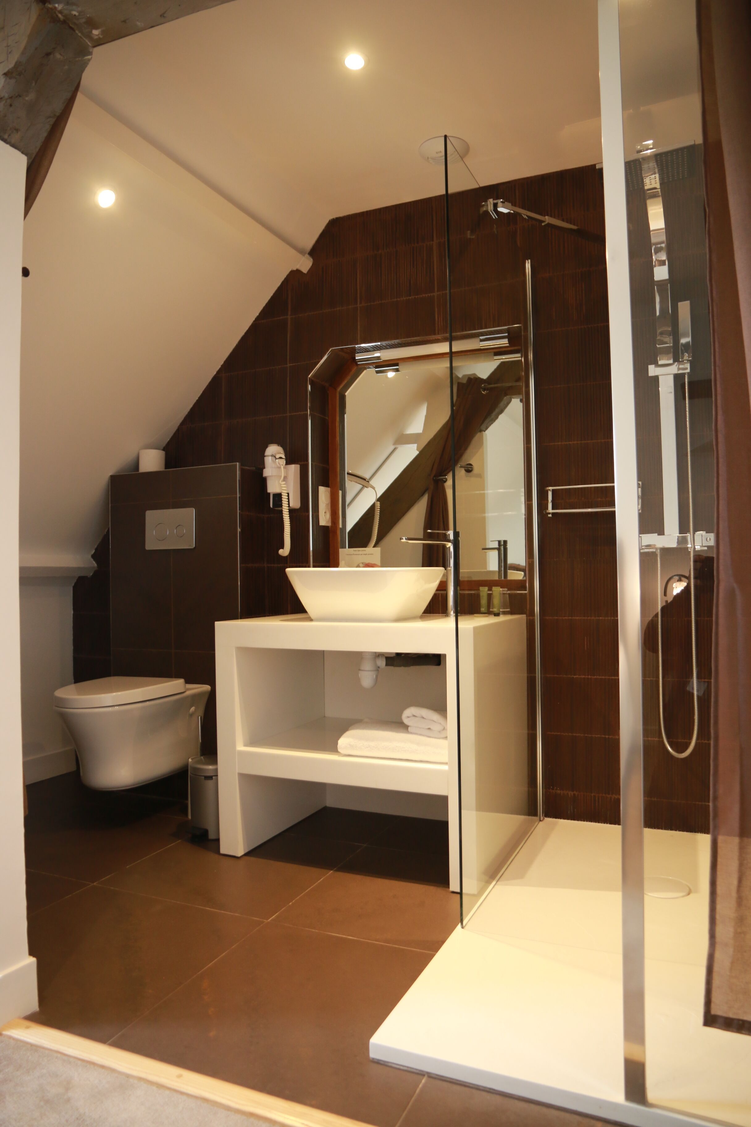 A modern bathroom with a glass-enclosed shower, a white sink, and a toilet.