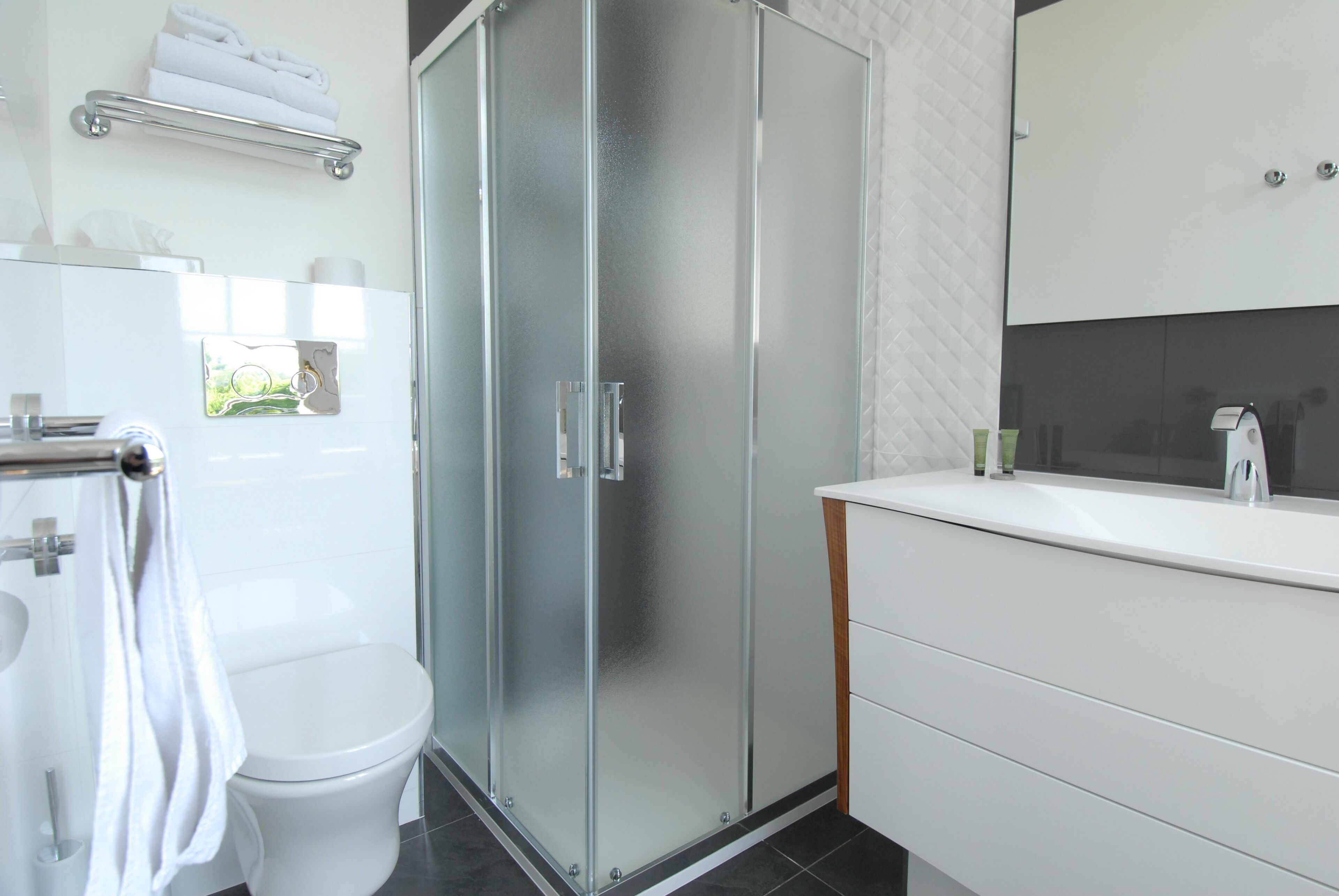 Une salle de bain moderne avec une douche à parois de verre, des toilettes et un lavabo avec un miroir.