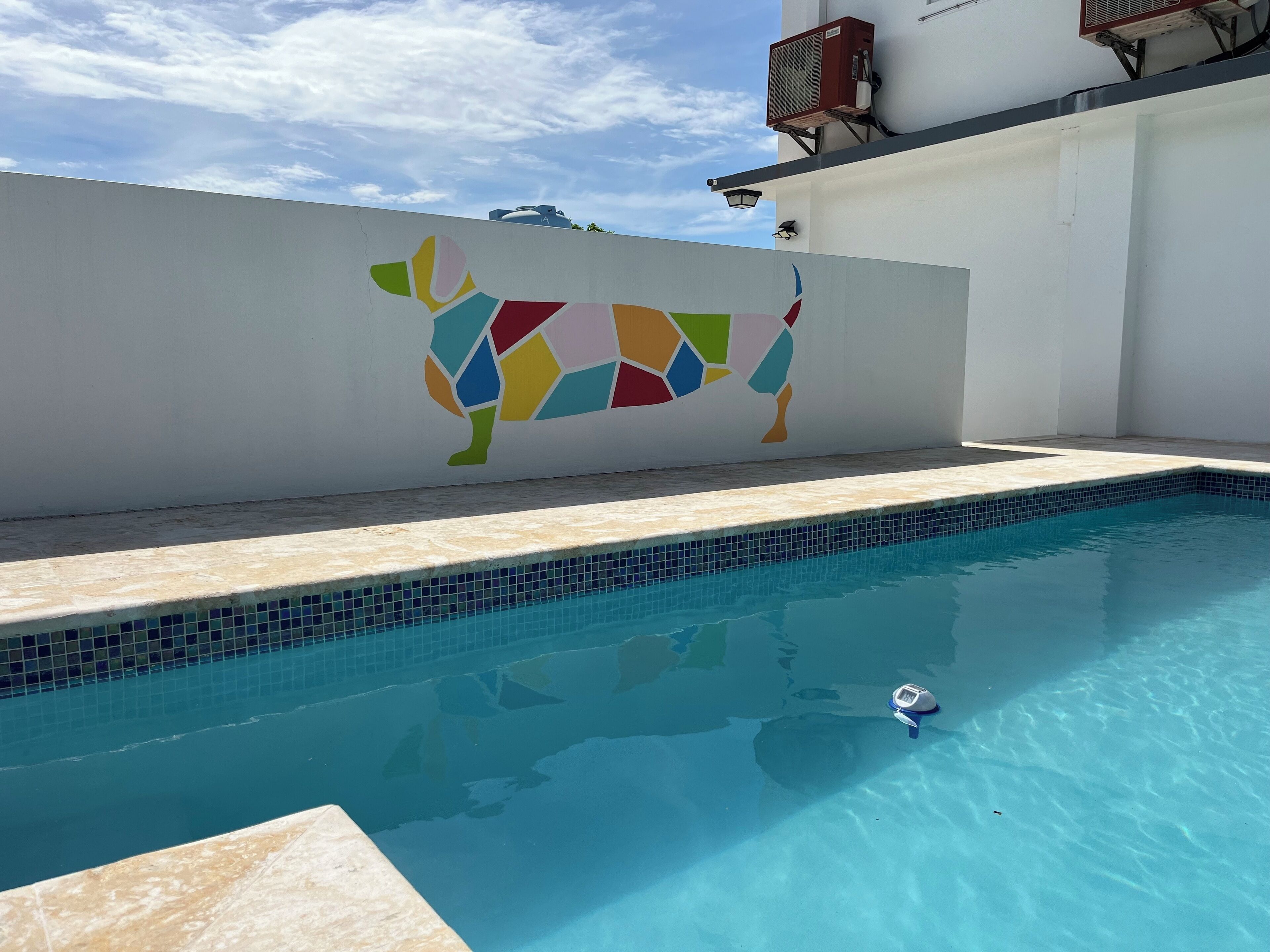 A swimming pool with a tiled edge, a colorful wall mural, and a clear blue sky.