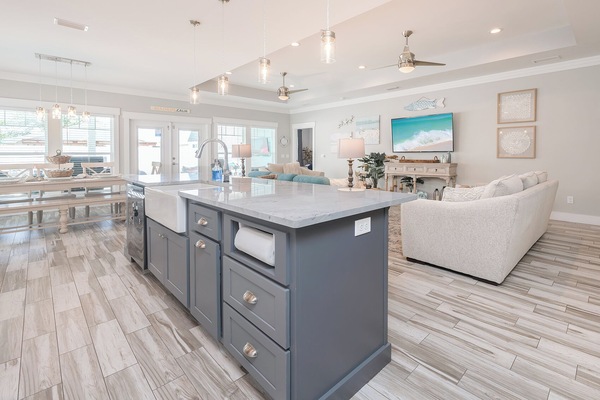 Kitchen island to prep meals without missing any of the fun!