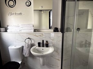 Douche, séchoir à cheveux, serviettes fournies, savon