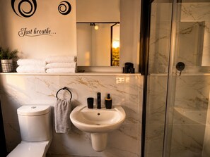 Shower, towels, soap, toilet paper