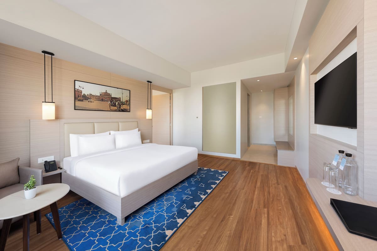 Una habitación de hotel moderna con una cama grande, un escritorio, una silla, una mesita con una planta, un televisor y un cuadro en la pared.