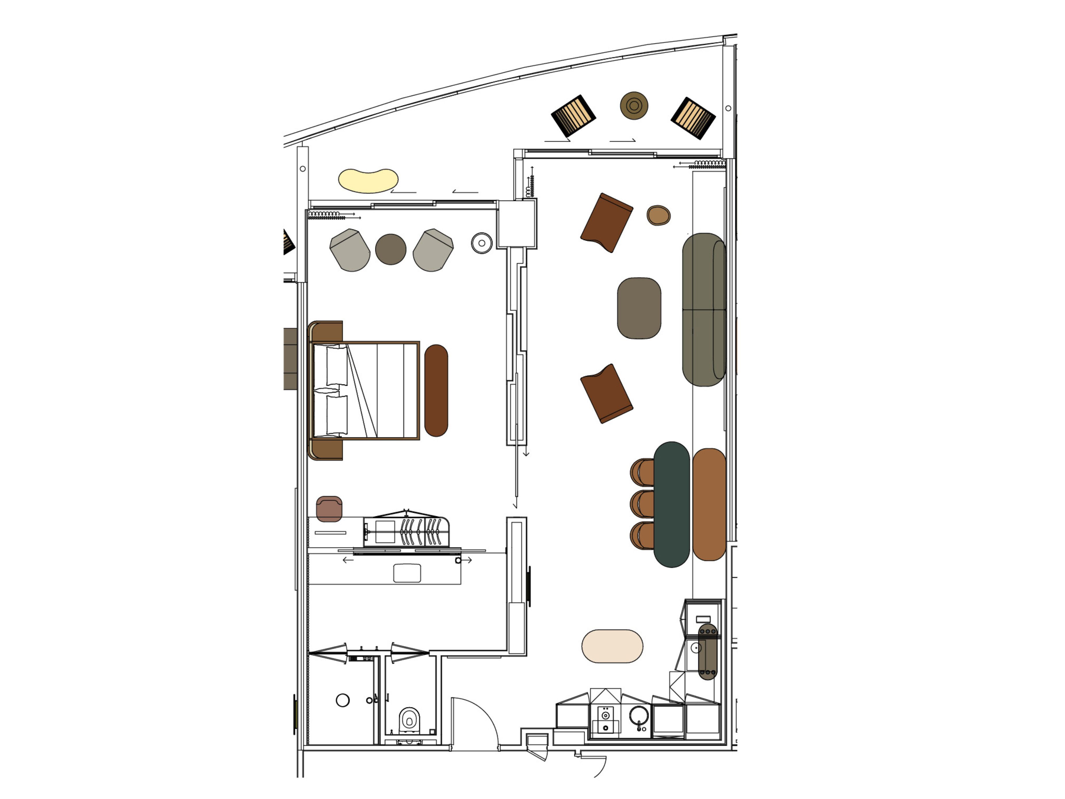 Plànol d'una habitació d'hotel amb llit, escriptori, cadira, taula petita, sofà, armari i bany.