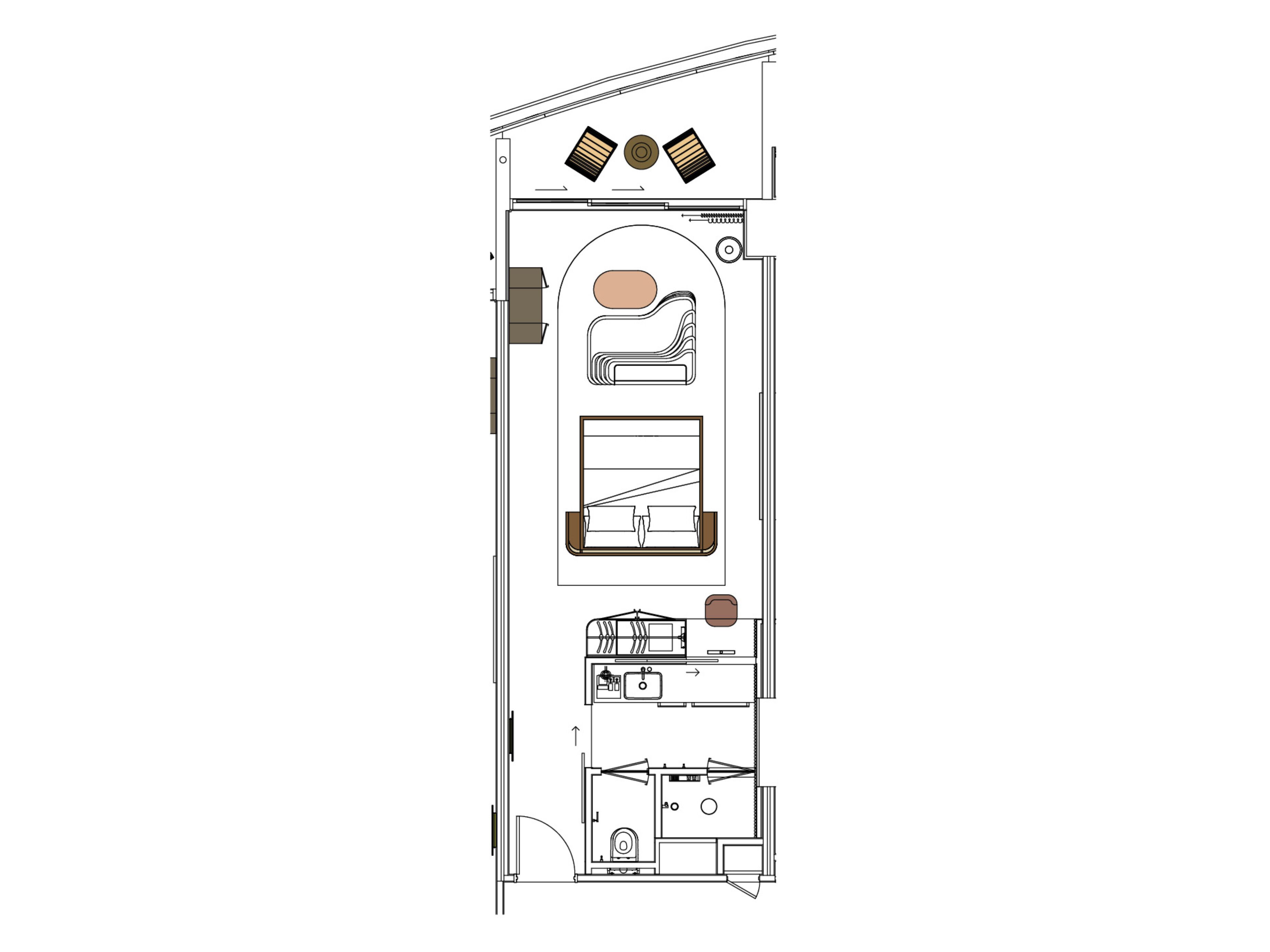 A floor plan of a hotel room with a bed, a desk, a chair, a bathroom, and a small sitting area.