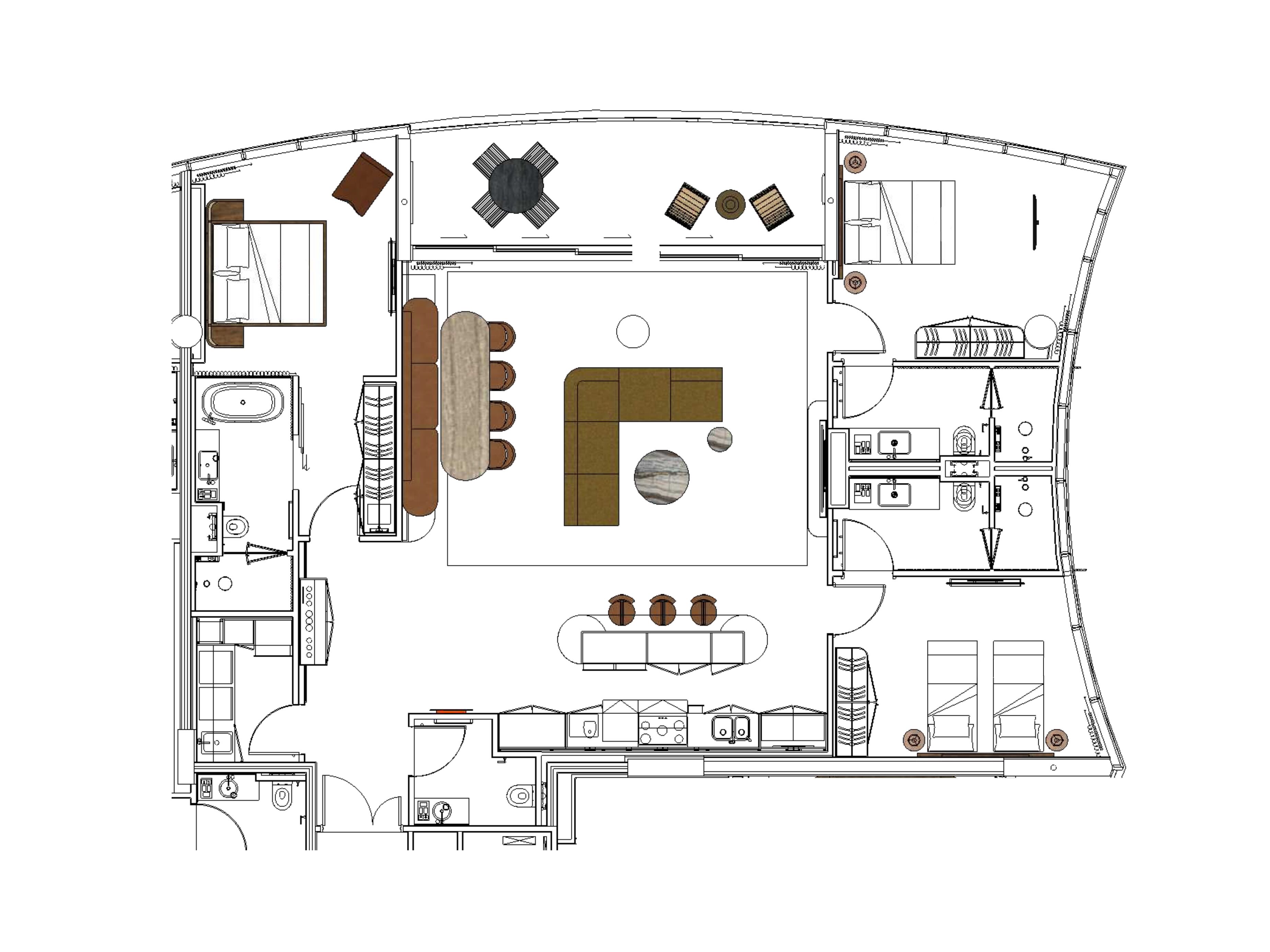 A floor plan of a hotel with a central living area, a kitchen, a dining area, and a bathroom.