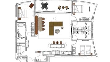 A floor plan of a hotel with a central living area, a kitchen, a dining area, and a bathroom.