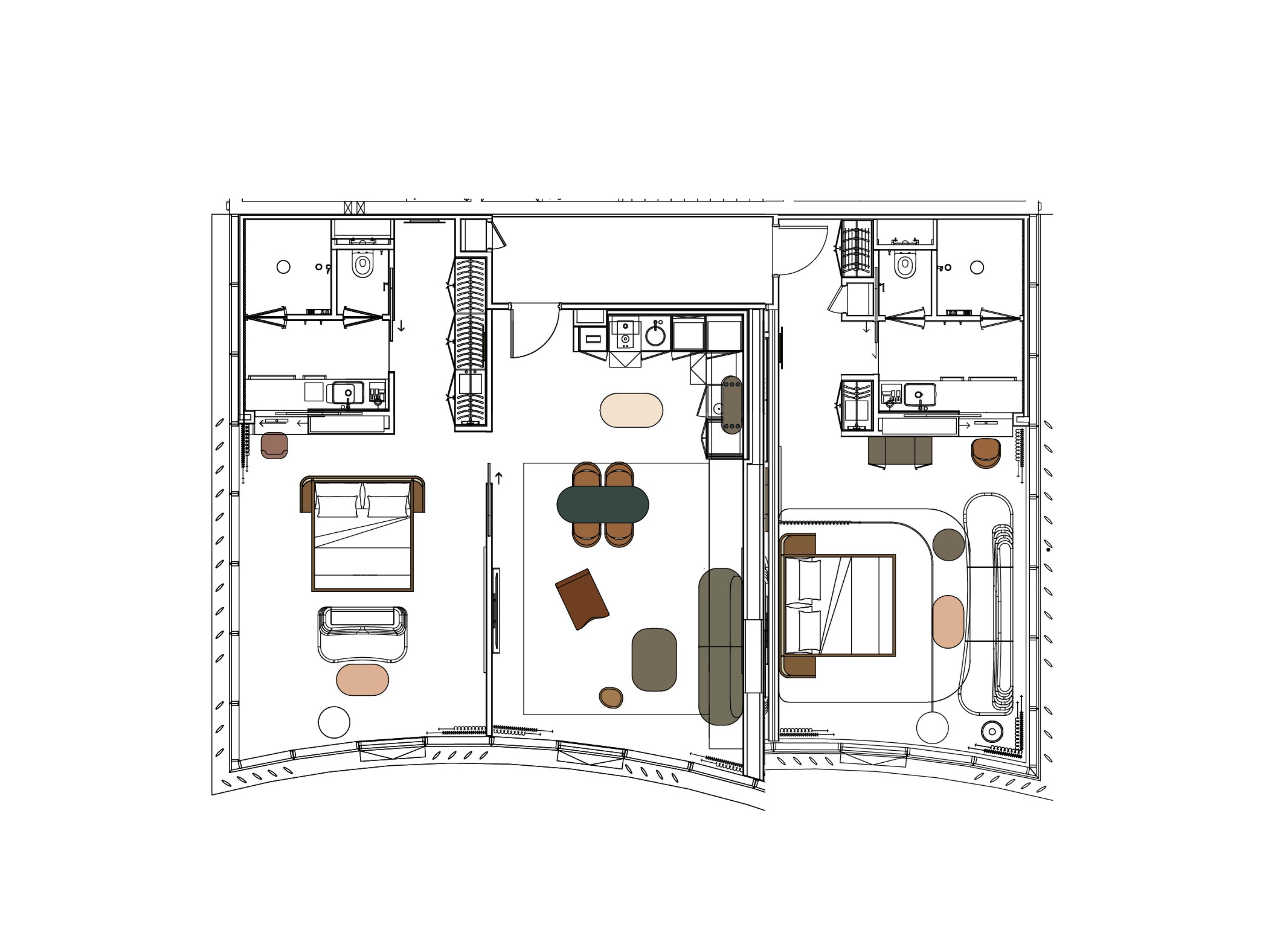 Un plan d’étage d’une chambre d’hôtel comprenant un lit, un bureau, une chaise, une petite table et un canapé.