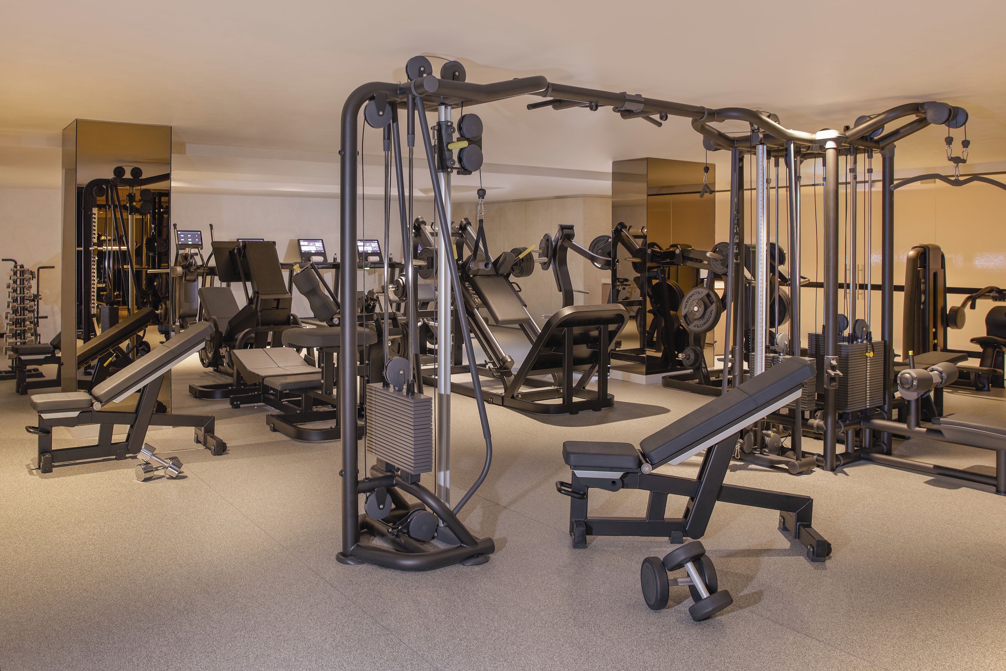 Un gimnasio con diferentes máquinas de ejercicio, bancos y estantes para pesas.