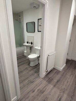Hair dryer, towels, soap, toilet paper