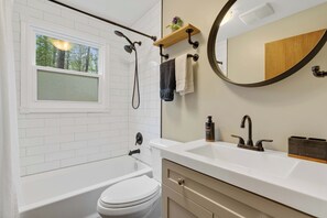 Hair dryer, towels, soap, toilet paper