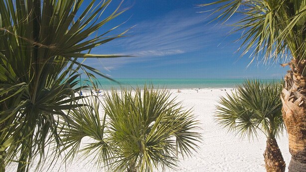 A beach with white sand and clear turquoise water.