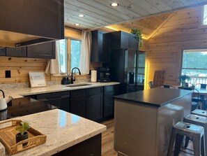 Fridge, microwave, oven, stovetop - Modern & Cozy Lakefront Cabin: Rustic Charm and Serene views (Barnstead)