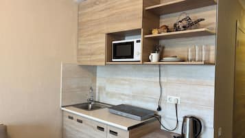 Fridge, microwave, electric kettle, cookware/dishes/utensils