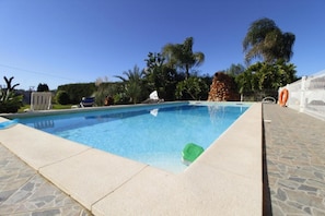 A rectangular swimming pool with a tiled deck, surrounded by palm trees and a stone wall.