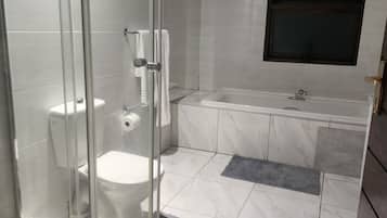 Hair dryer, towels, soap, shampoo