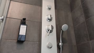 Dusche, Haartrockner, Handtücher, Seife
