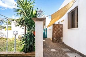 A courtyard with a palm tree, a metal fence, and a white building with a window and a door. - Dimora Del Mare - Villa With Garden Near The Sea (Porto Cesareo)