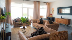 A modern living room with a sofa set, a coffee table, and a TV. There are curtains, a plant, and a cabinet. - DT Beachfront Villas (Fumba)