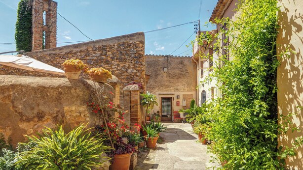 A narrow cobblestone alley with stone buildings, potted plants, and a rustic atmosphere. - Masia Las Torres by Hello Homes Sitges (Sitges)